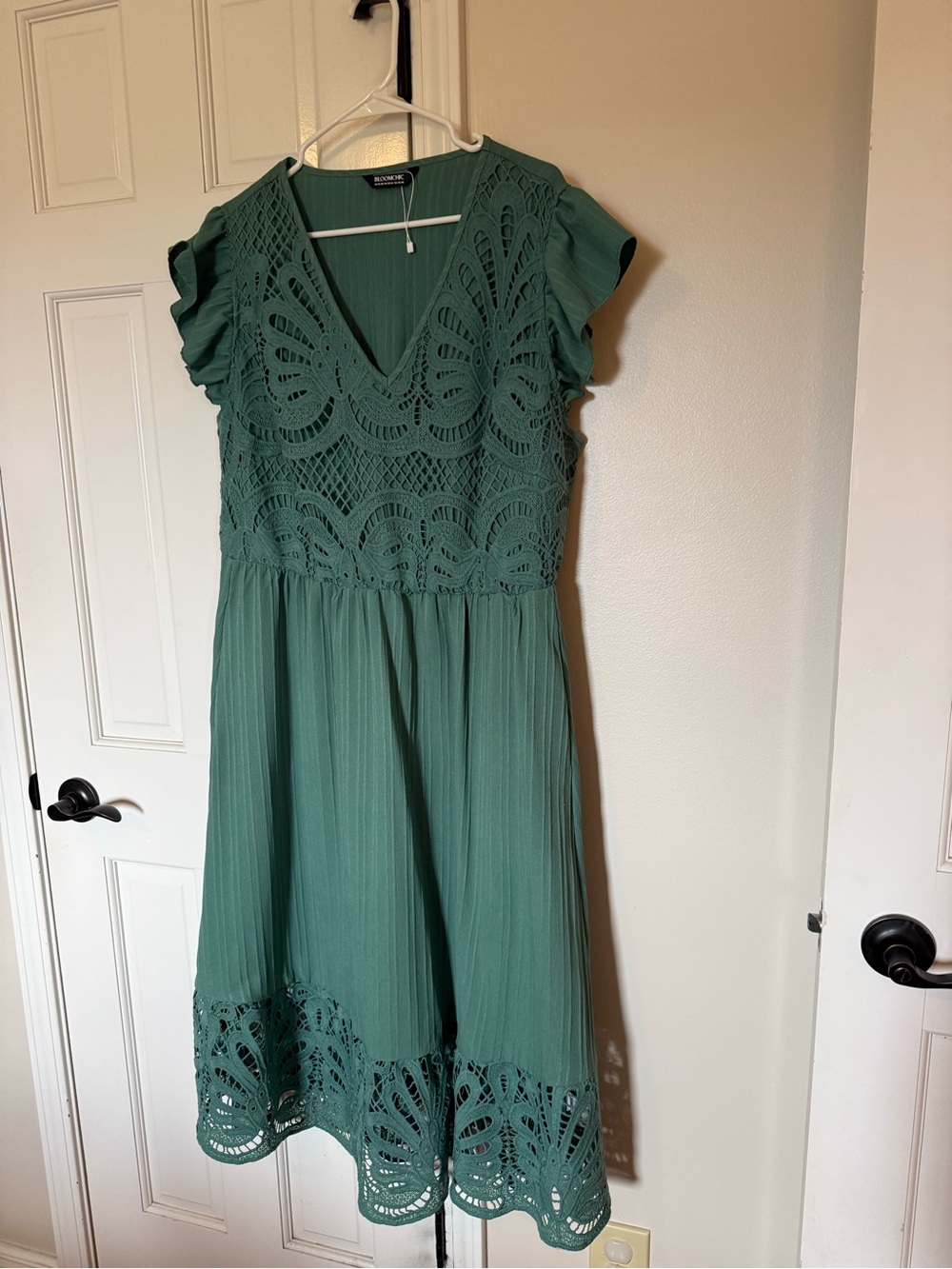 BloomChic Teal Green Crochet V-Neck Dress